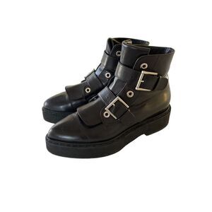 Alexander McQueen Platform Buckle Strap Leather Boots Womens Black Size 39